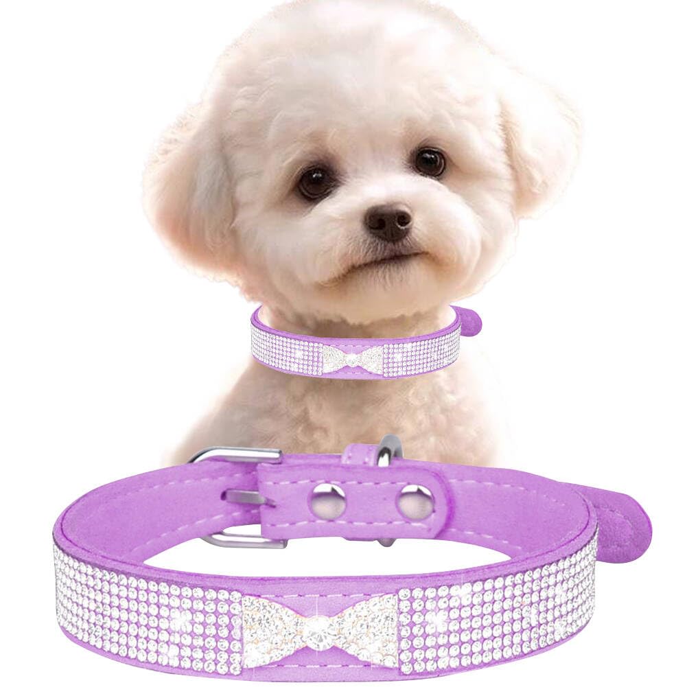 Purple Xxs Dog Collar With Bling, Crystal Name Plate, Pretty Bow Rhinestone Cat Collars Glitter Jeweled Sparkly Diamond Girl Pup