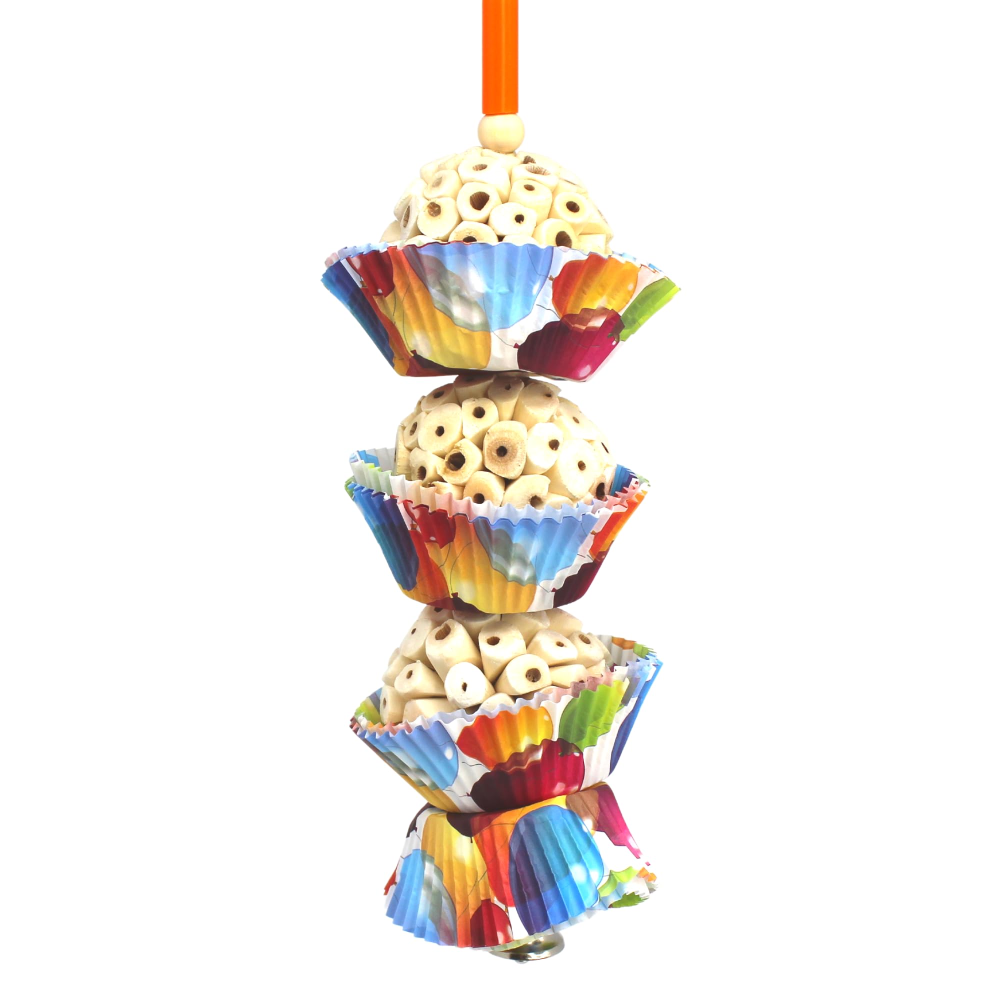 Bonka Bird Toys 1931 Three Cake, 11.75' Hanging Bird Toy With Sola Balls, Cupcake Cups, Wooden Beads, Bell, And Straw, Chewable And Shreddable, Safe For Parrots, And Small Birds