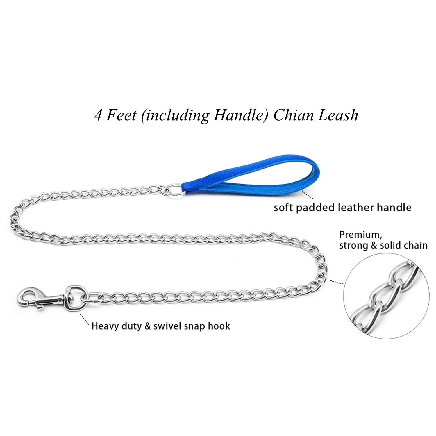 Petiry Chain Leash Metal Trainning Leash Stainless Steel With Soft Padded Handle For Heavy Duty Dogs.(Xl, Blue Handle)