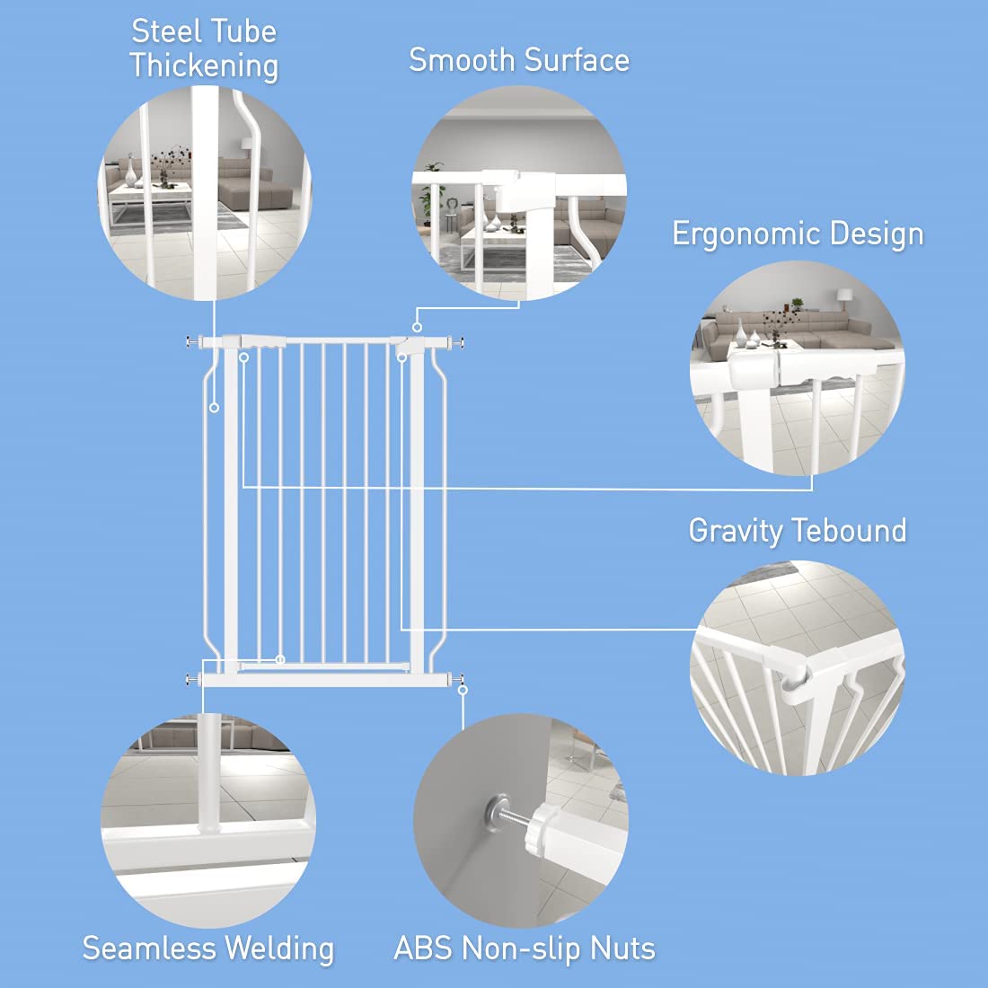 WAOWAO Extra Tall 40.55'' Baby Gate 57.48-74.4'' Wide Pressure Mounted Walk Through Swing Auto Close Safety White Metal Toddler