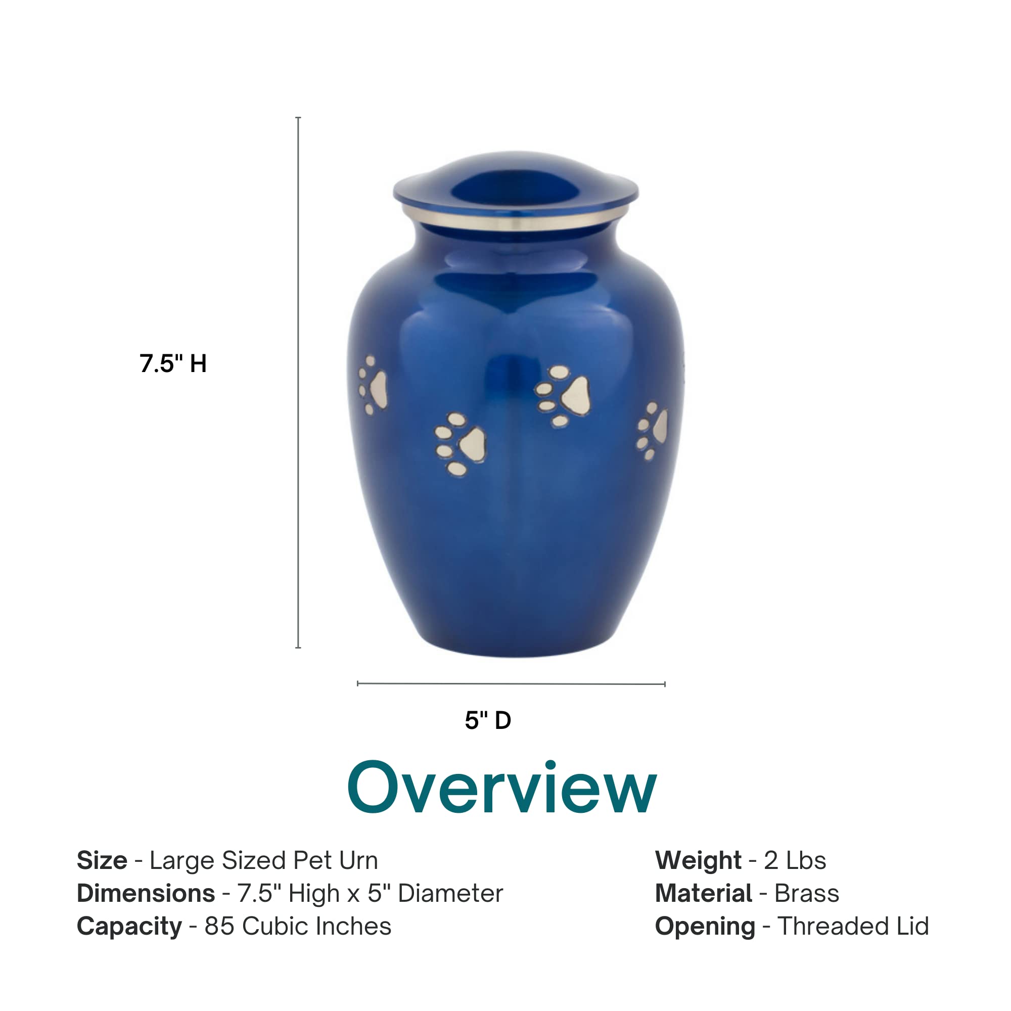 Blue With Silver Paw Prints Large Pet Cremation Urn For Ashes, Brass, Blue Pet Urn, Dog Urn, Cat Urn, Large Sized Pet Urn, 7 Inc