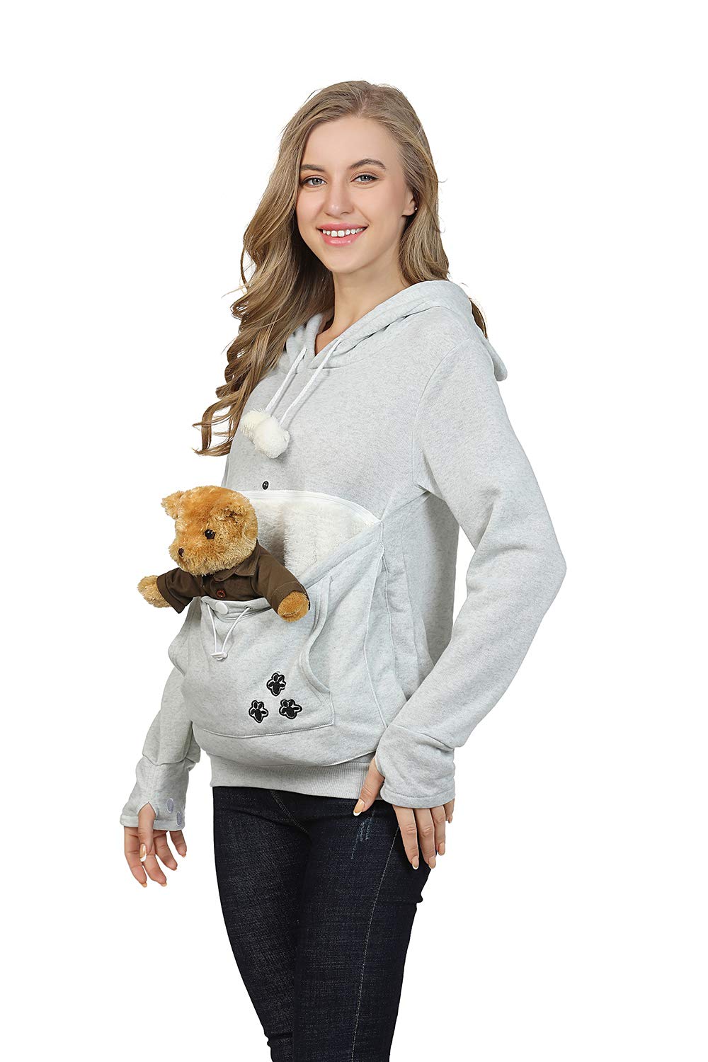 Womens Pet Carrier Sweater Dog Cat Pouch Hoodies Plus Size Tops Light Grey L