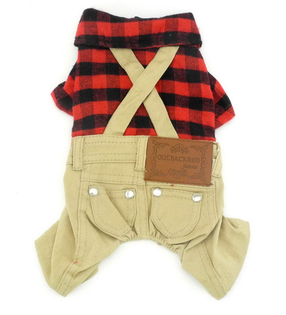 Smalllee_Lucky_Store Pet Clothes For Small Dog Cat Red Plaid Shirts Sweater With Khaki Overalls Pants Jumpsuit Outfits L