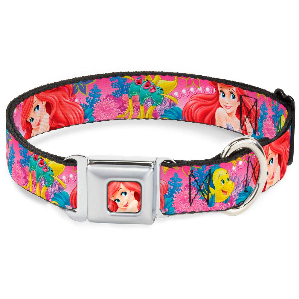 Buckle-Down Seatbelt Buckle Dog Collar - Ariel/Flounder/Fish Trio Poses Pinks - 1' Wide - Fits 11-17' Neck - Medium