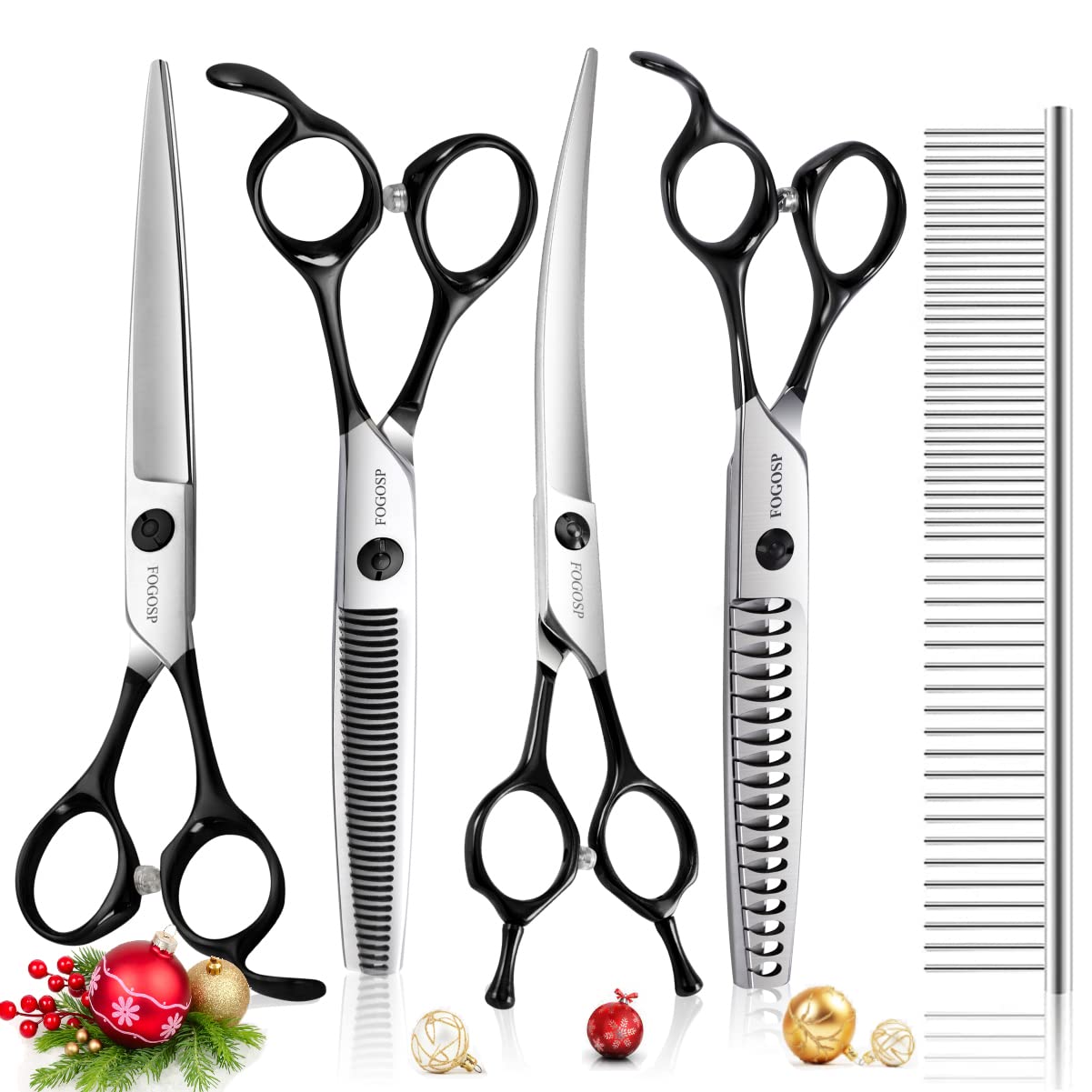 Professional Dog Grooming Scissors Kit 4Pcs Fogosp 7 Inch Curved Thinning Straight Chunker Shears For Dogs Cat Pets (7 In Kit, B
