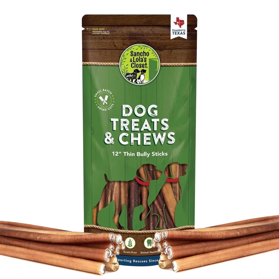 Supreme 12-inch Thin Bully Sticks by Sancho and Lolas (10 Pack) All-Natural, Long-Lasting Dog Chew Treats - Free-Range, Grass-Fe