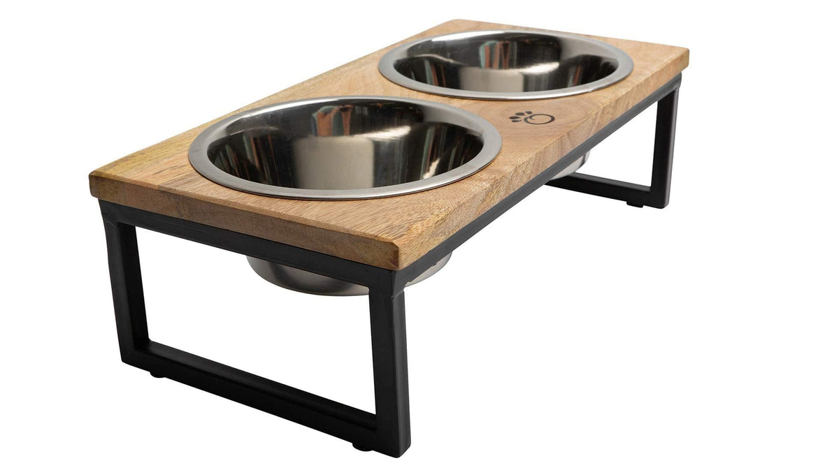 Mango Wood Dog Bowl Stand - Elevated Pet Feeder With 2 Stainless Steel Bowls - Raised Food And Water Dish Set For Dogs And Cats, Available In 4 Sizes, Height-Adjustable Pet Dining Station, Medium/24Oz