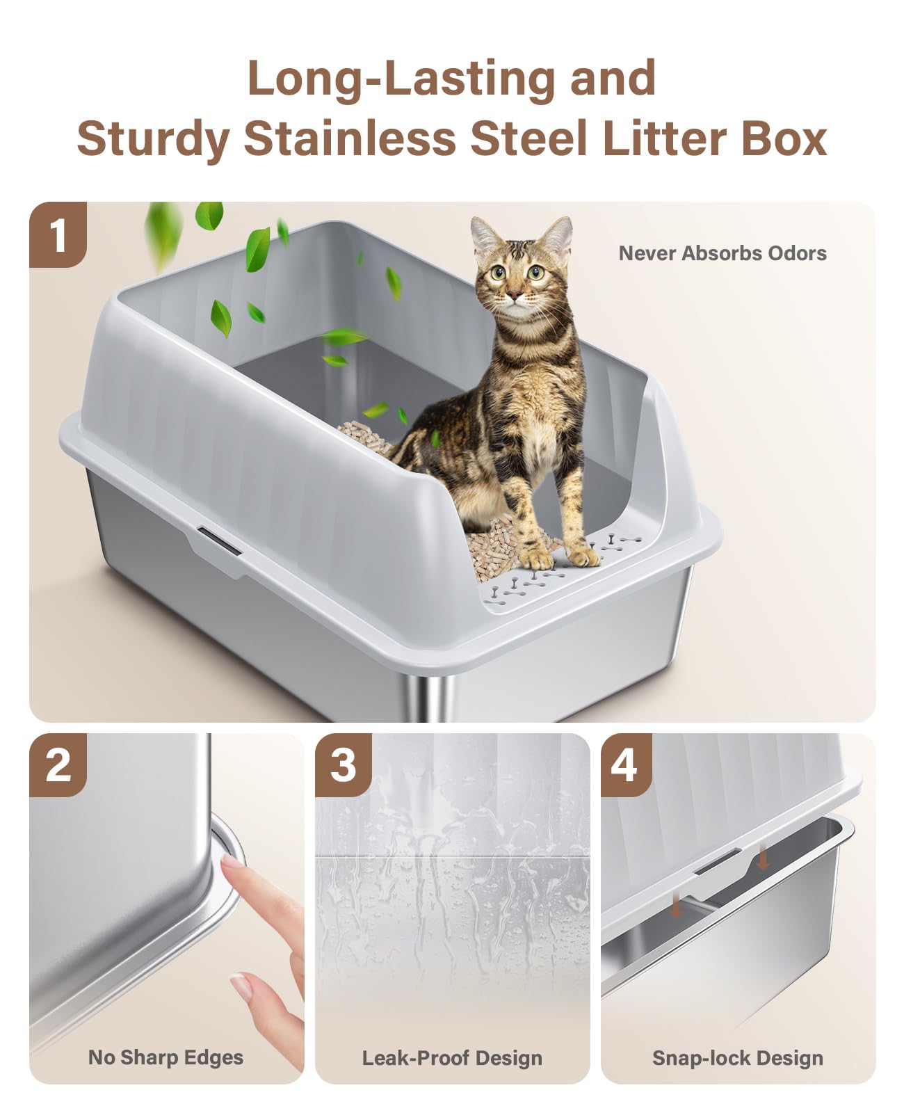 Stainless Steel Litter Box With Lid, Extra Large Metal Litter Box Pan With Scoop For Cats High Sided, Non-Sticky, Anti-Urine Lea
