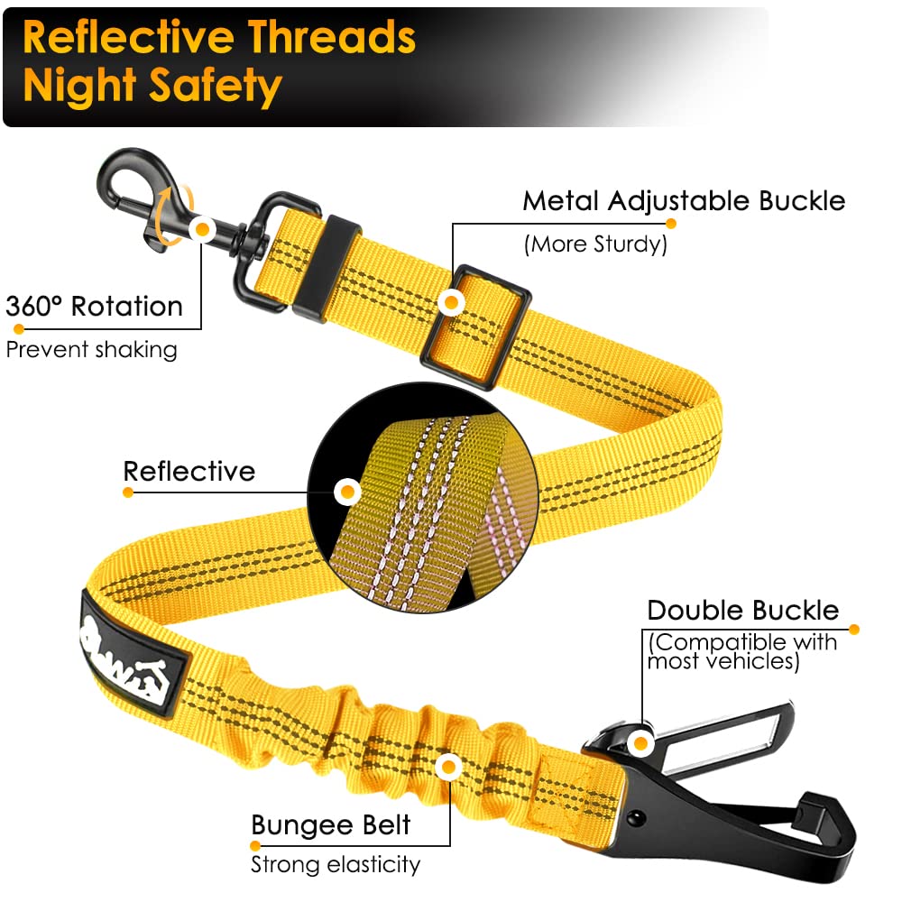 Slowton Dog Harness, Adjustable Dog Seatbelt, 2 In 1 Latch Bar Attachment, Reflective Nylon Belt Tether, Yellow, 27.55In