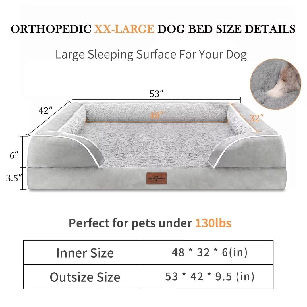 Comfort Expression Xxl Orthopedic Foam Dog Bed For Extra Large Dogs, Waterproof Orthopedic Dog Beds, Washable Dog Sofa Bed With Removable Cover & Non-Slip Bottom(Xx-Large,Grey White)