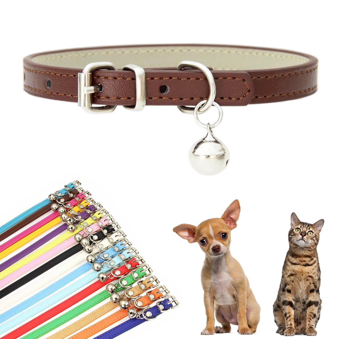 Brown Small Dog Collar with Bells, Faux Leather Puppy Collar with Bells Pu Basic Boy Dog Collars for XXS XSmall Small Medium Pet