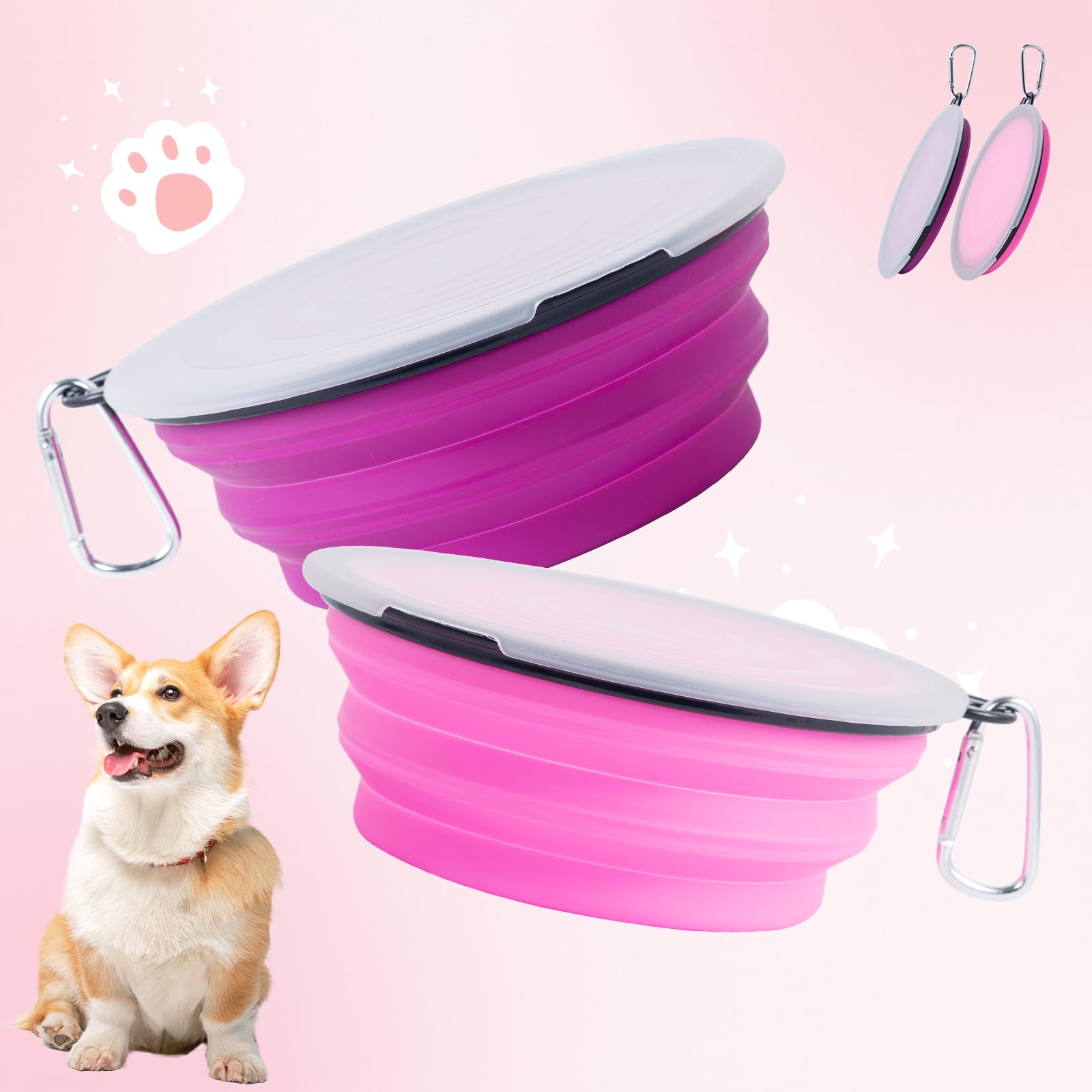 Slson Dog Bowls Pet Collapsible Bowl With Cover Lids,2 Pack Dog Travel Bowls Portable Foldable Cat Water Dish Bowl For Pets Walk