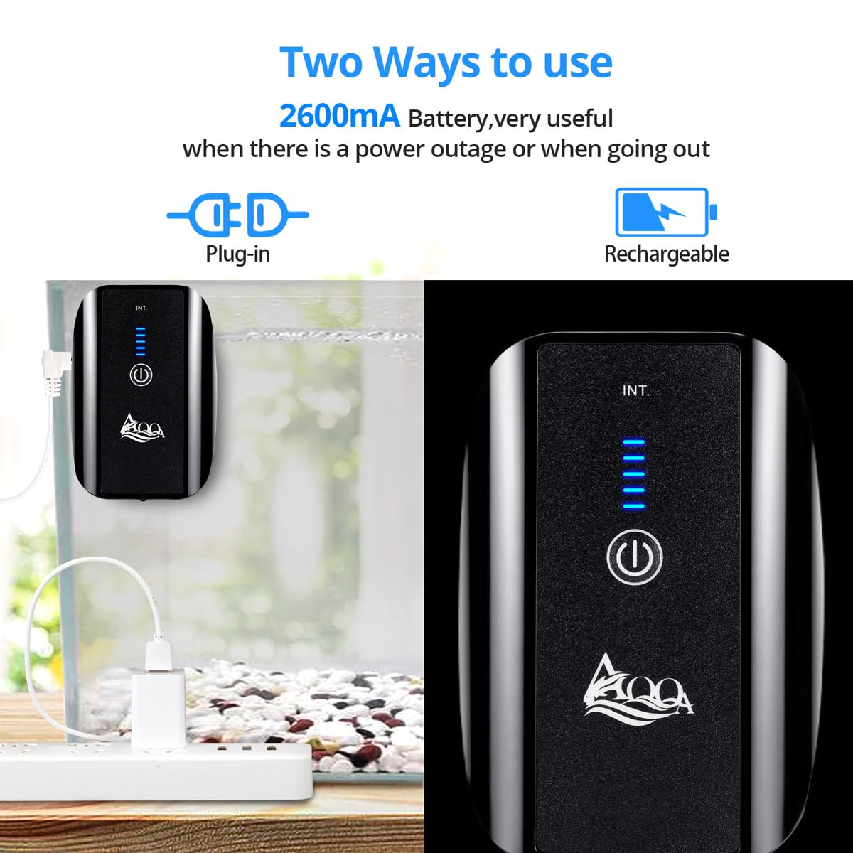 Aqqa Aquarium Rechargeable Air Pump,Multifunctional Portable Energy Saving Power Quiet Oxygen Pump, One/Dual Outlets With Air Stone,Suitable For Indoors Power Outages Fishing