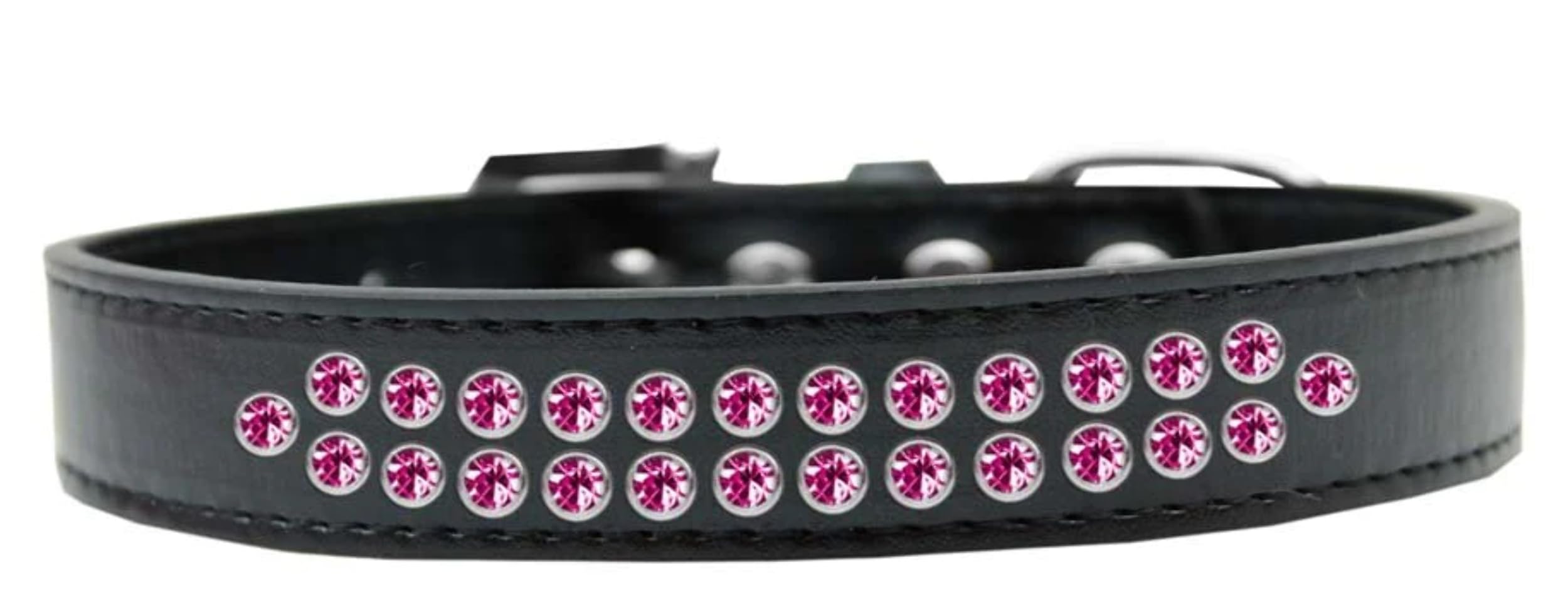 Dog, Puppy & Pet Fashion Collar, Two Row Bright Pink Crystal Rimsets Black 16
