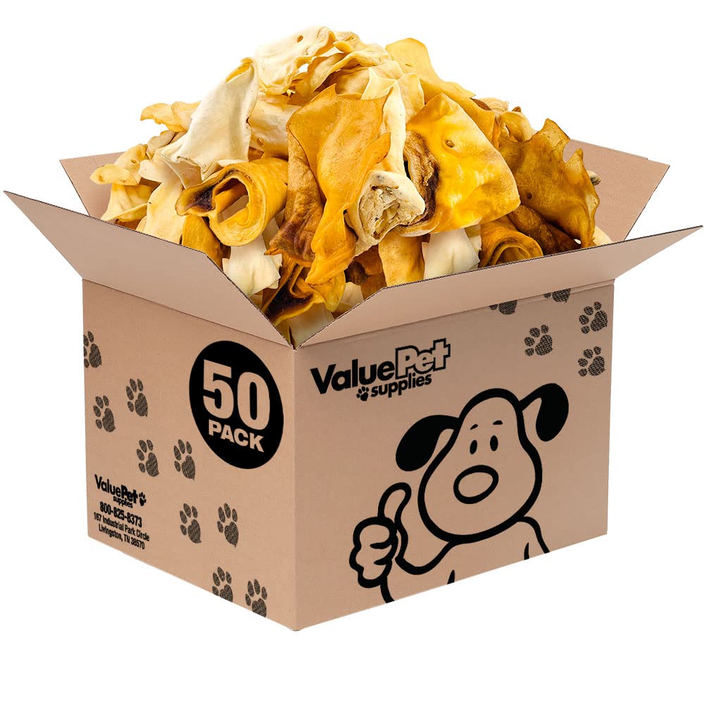 ValueBull Cow Ears, Varied Shapes, Small, 50 Count Bulk Pack - All Natural Dog Treats, Angus Beef, Single Ingredient, Cleans Tee