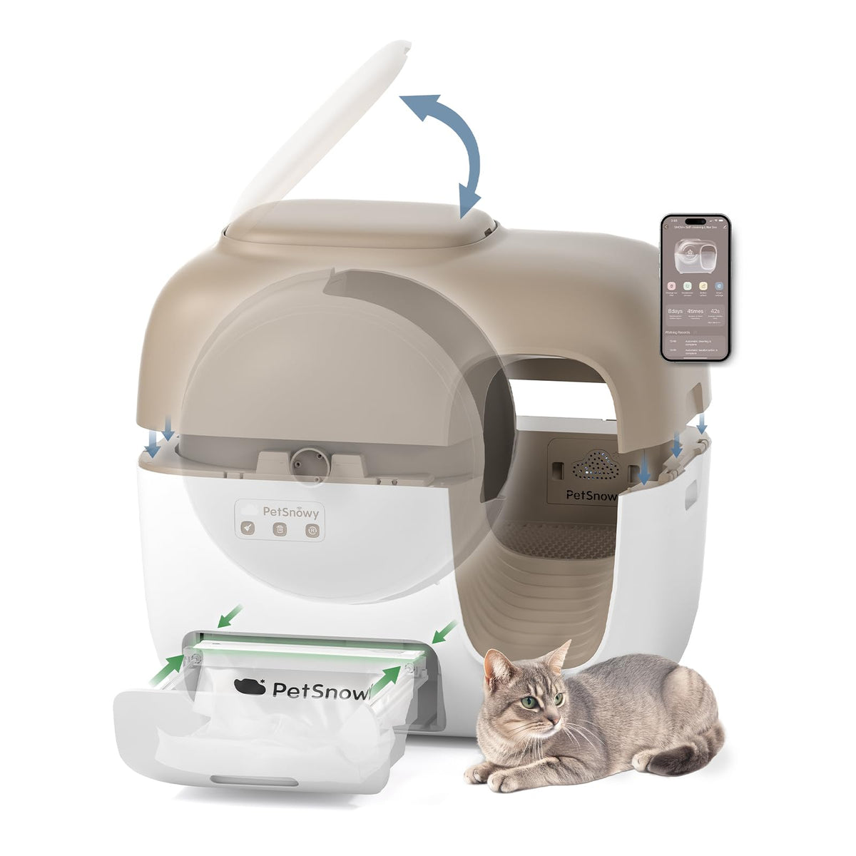 Petsnowy Automatic Cat Litter Box Self Cleaning With Zero Odor Control System, Auto-Packing Robot Litter Box With Smart App Control, Large Cats & Multiple Cats (2025 Premium Version)