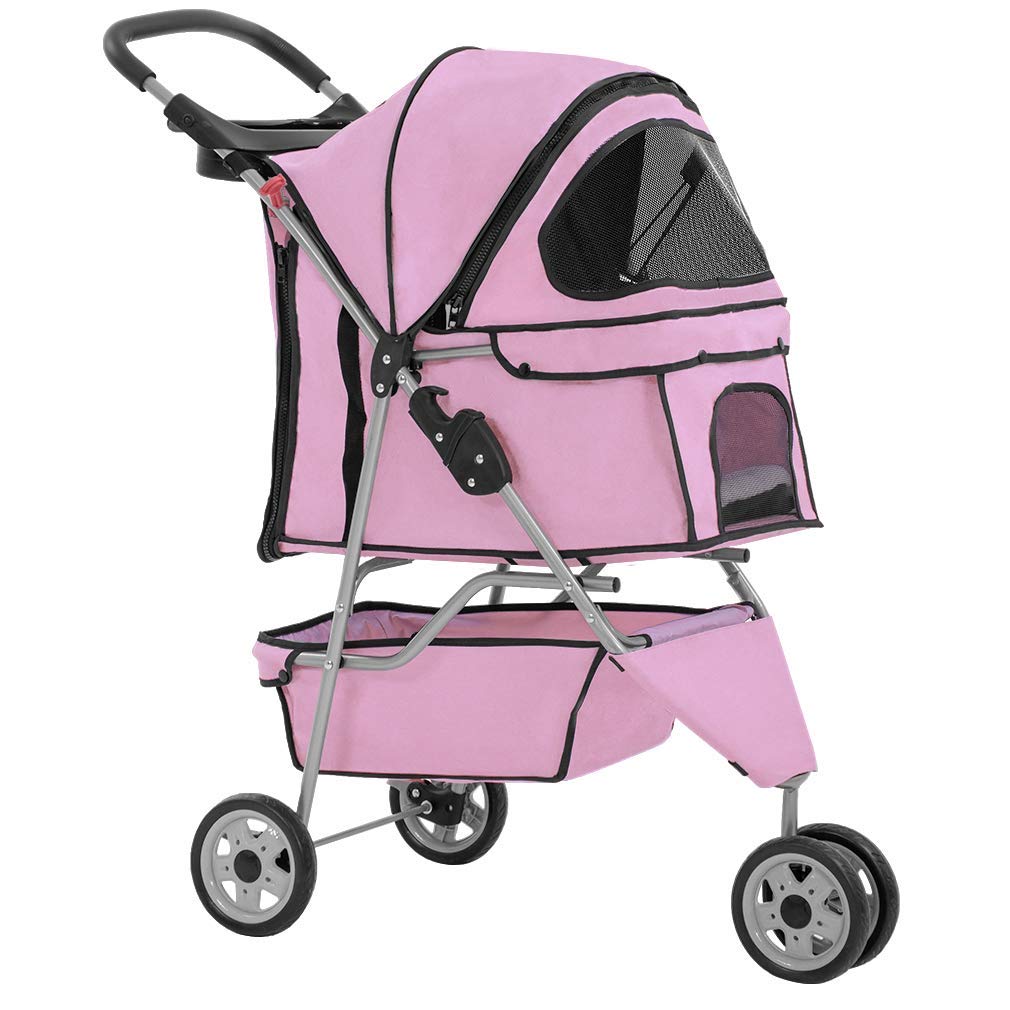 Bestpet 3 Wheels Pet Stroller Dog Stroller Cat Cage Jogger Stroller Cats Travel Folding Carrier Waterproof Puppy Stroller With Cup Holder & Removable Liner (Pink)