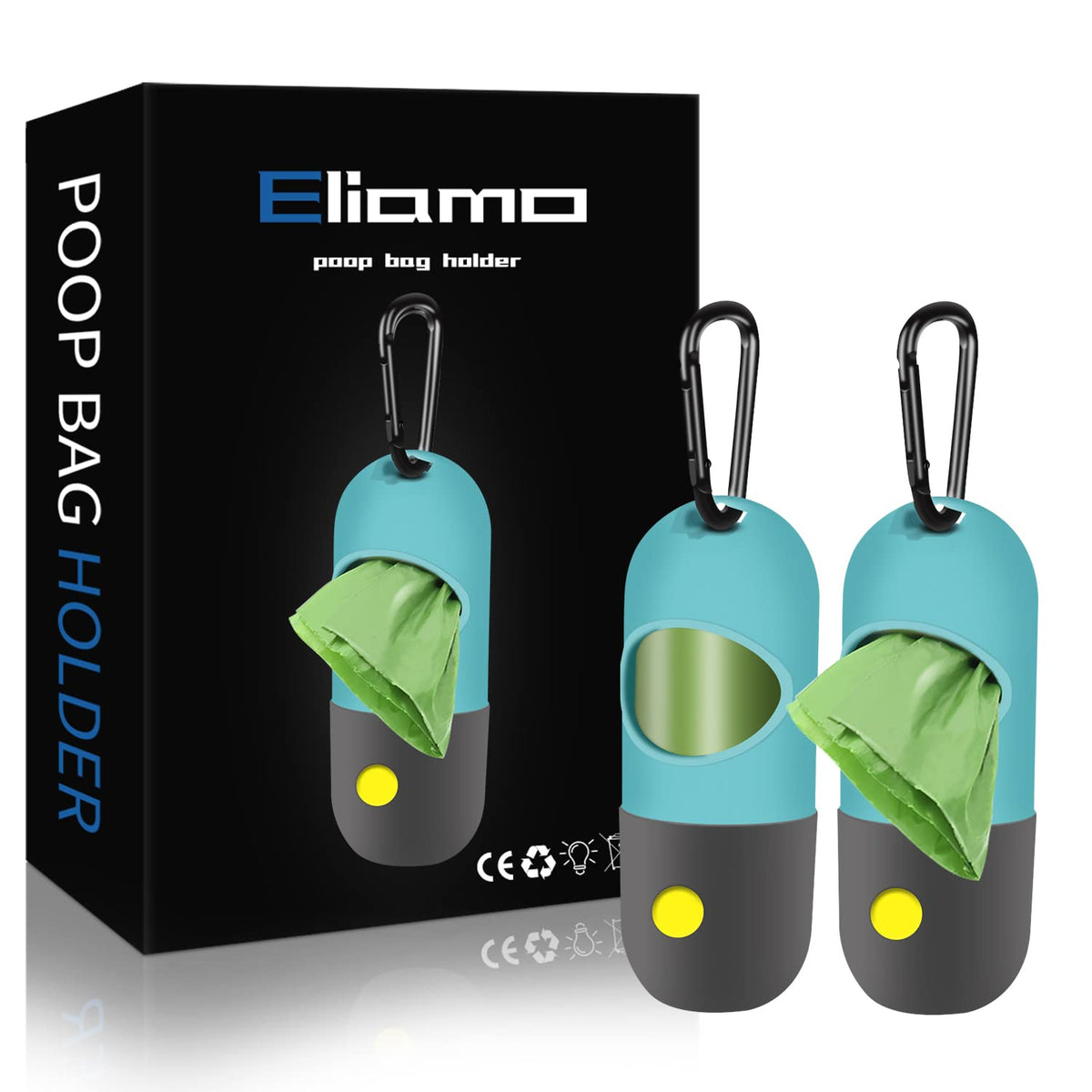 2 Pack Dog Poop Bag Dispenser with Built-in LED Flashlight, Pet Waste Bag Holder for Leash with Carabiner Clip for Lead Leash, 2