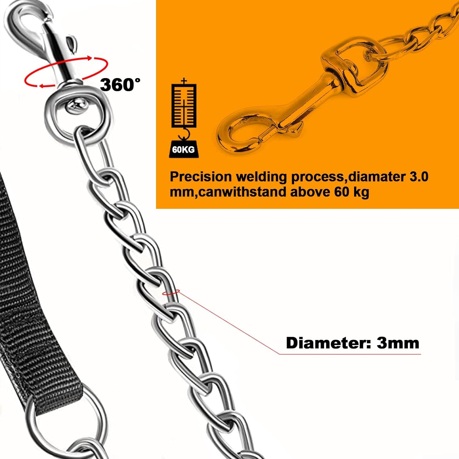 Heavy Duty Metal Dog Leash, 5 FT Chew Proof Pet Leash Chain with Soft Padded Handle for Large & Medium Size Dogs (5 FTx3 mm (20-