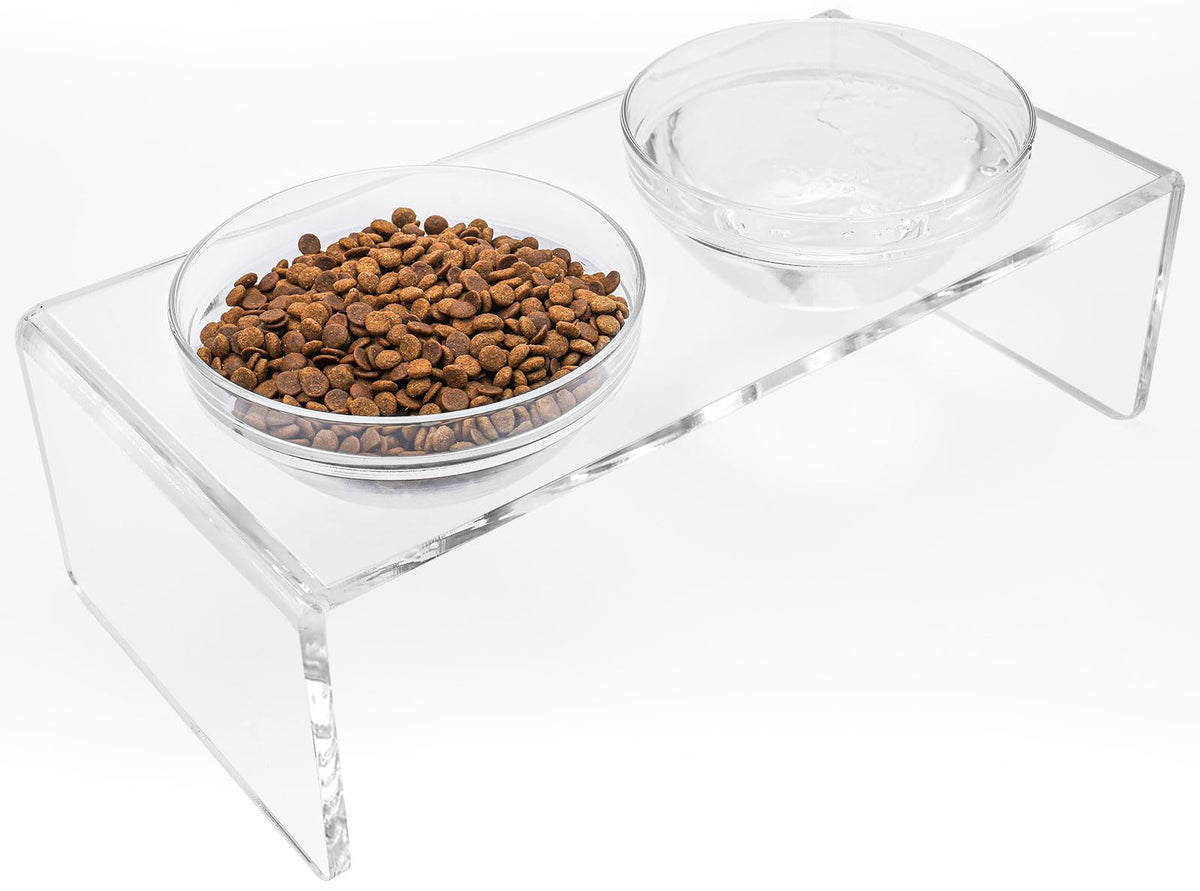 Acrylic Elevated Dog Cat Bowls Pet Feeder Double Bowl Raised Stand Comes With 2 Removable Glass Bowls And 2 Stainless Steel Bowl