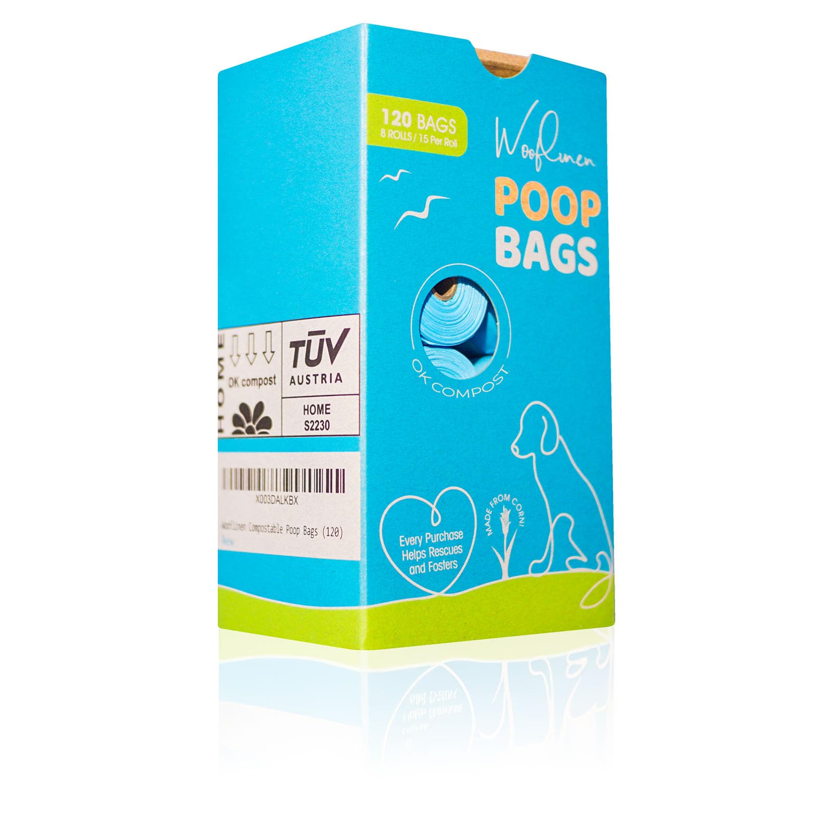 Wooflinen 100% Compostable Dog Poop Bags - En13432 Home Compost Certified Dog Waste Bags, 120 Count (8 Rolls) - Easy Open - Larg