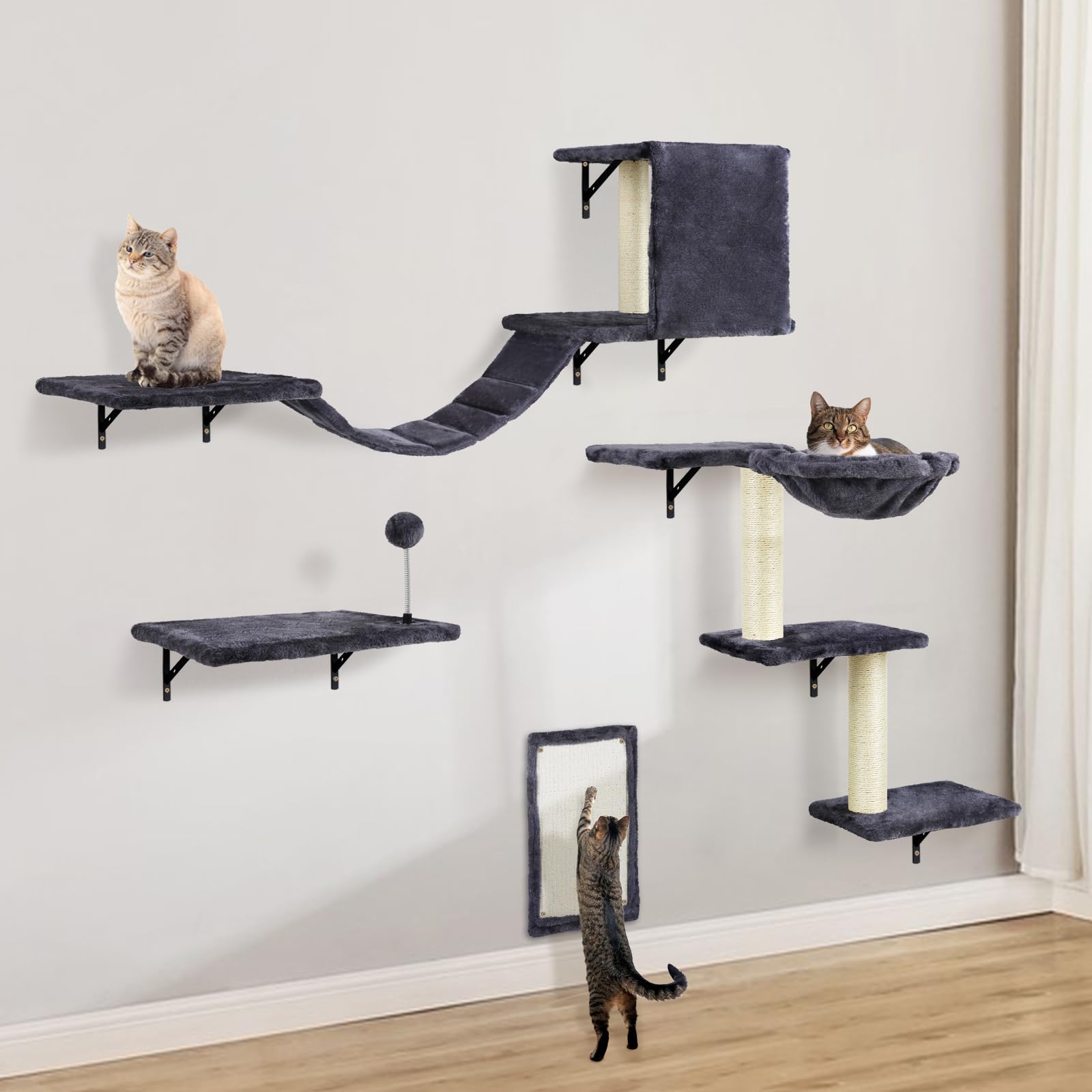 Cat Wall Furniture,Wall-Mounted Cat Climber Set With Cat Wall Shelves, Perches, Condo House, Ladder, Scratching Board & Tree - 5