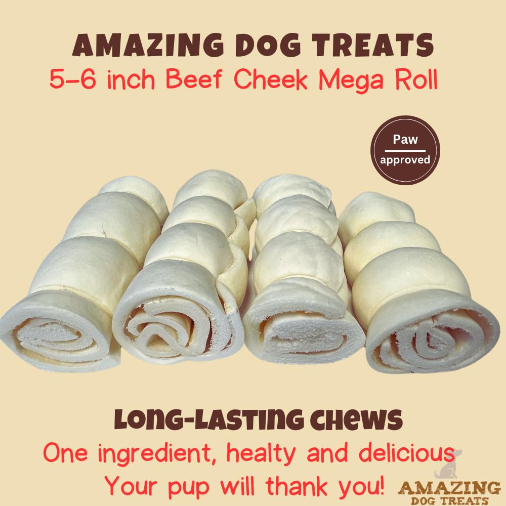 Amazing Dog Treats - Beef Cheek Rolls (Mega Thick 5-6 - 4 Pcs) - Safe Rawhide Alternative Dog Chew - Great for Power Chewers - L