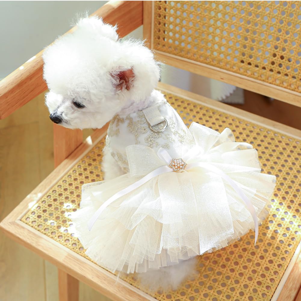 Anelekor Fancy Dog Dresses With Leash Ring, Embroidered Dog Wedding Dress, Bow Puppy Clothes For Small Dogs Girl Multi-Layer Lac