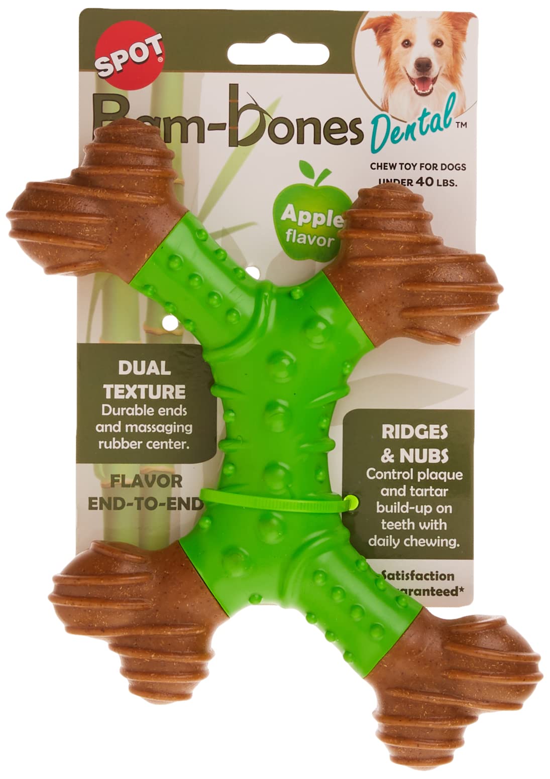 Spot Bam-Bones Dental X-Bone - Made With Bamboo Fiber And A Massaging Rubber Center To Keep Teeth Clean, Durable Oral Care Dog Chew For Light Chewers & Teething Puppies Under 40Lbs, 8In, Apple Flavor