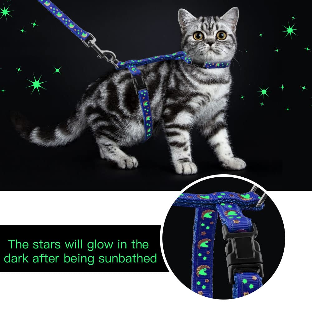 Cat Harness And Leash Set Gold Moons Soft Nylon Escape Proof Adjustable For Kittens Small Animals Glow In The Dark(Blue)