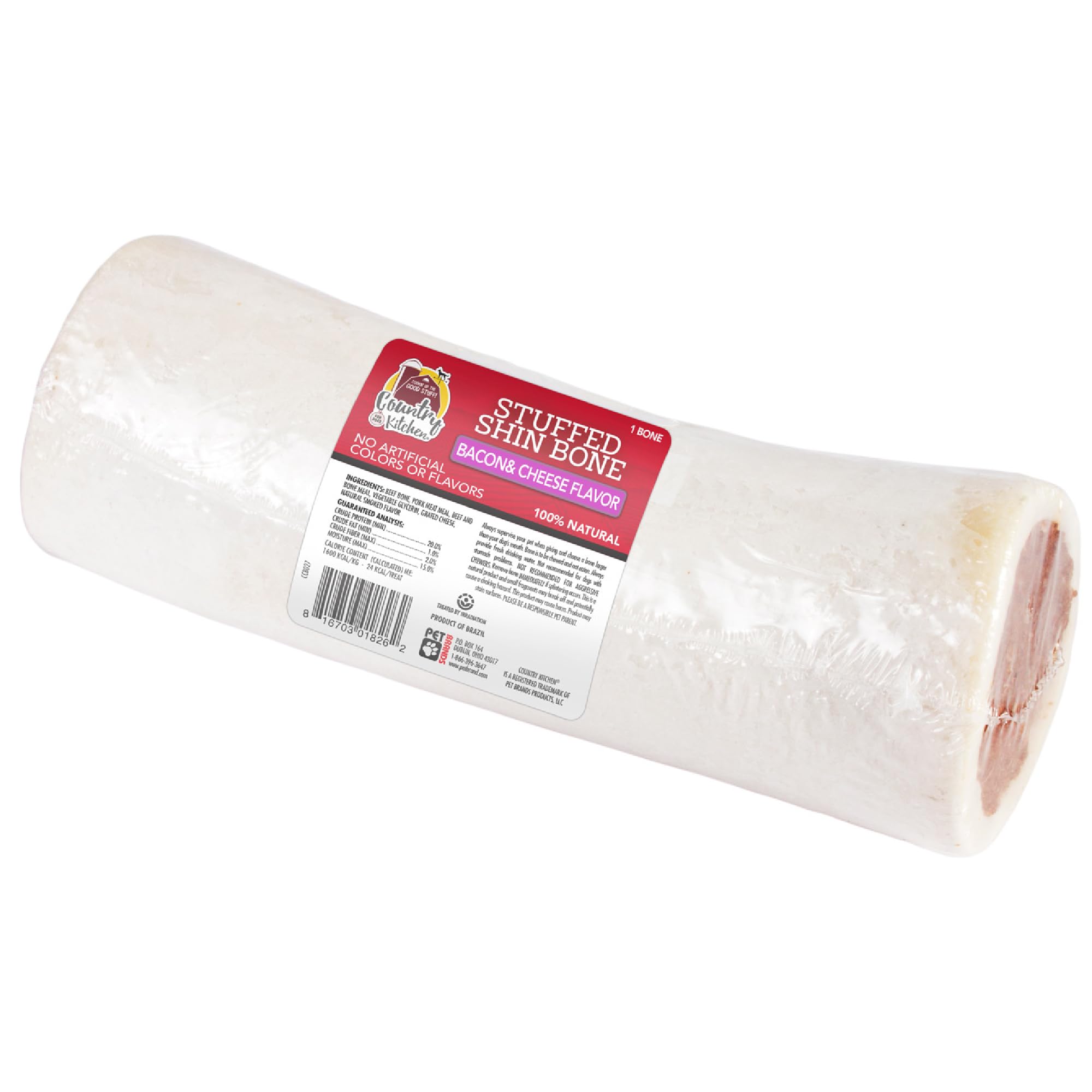 Country Kitchen Stuffed Shin Bone Bacon and Cheese Flavor Dog Treat, 100% Natural, Long Lasting, 1 Large Bone 5-6 inches