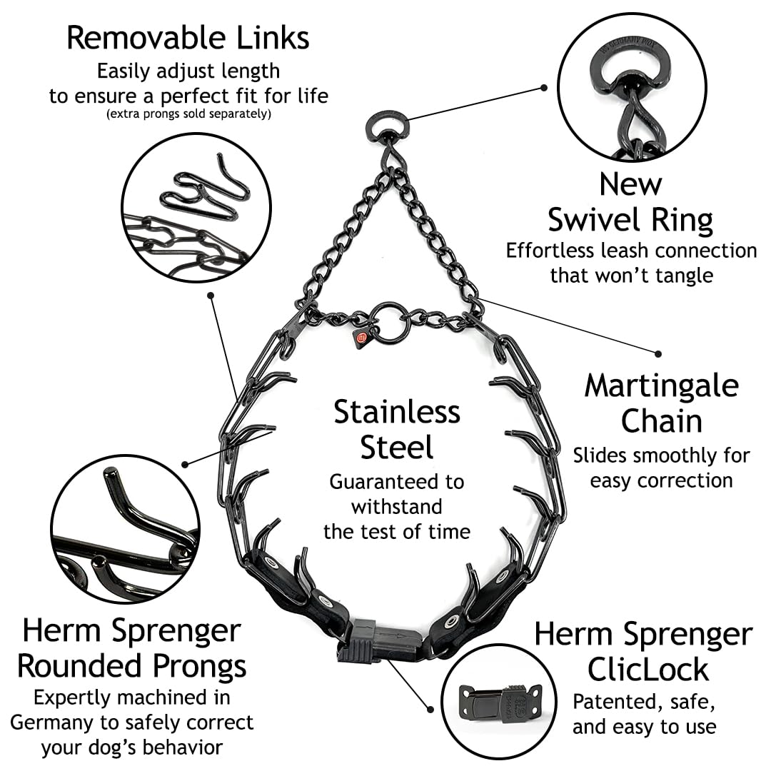 Herm Sprenger Prong Collar For Dog Training With Easy Quick Release Clicklock & Swivel Ring - German Made Dog Collar With Black