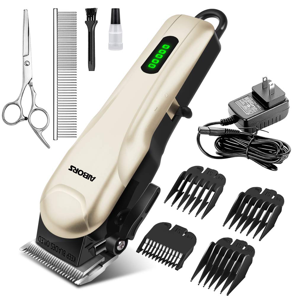 Aibors Dog Clippers For Grooming Low Noise Rechargeable Cordless Pet Hair Grooming Clippers, Professional Heavy Duty Dog Grooming Kit Dog Trimmer Shaver For Dogs Cats Pets (Silver)