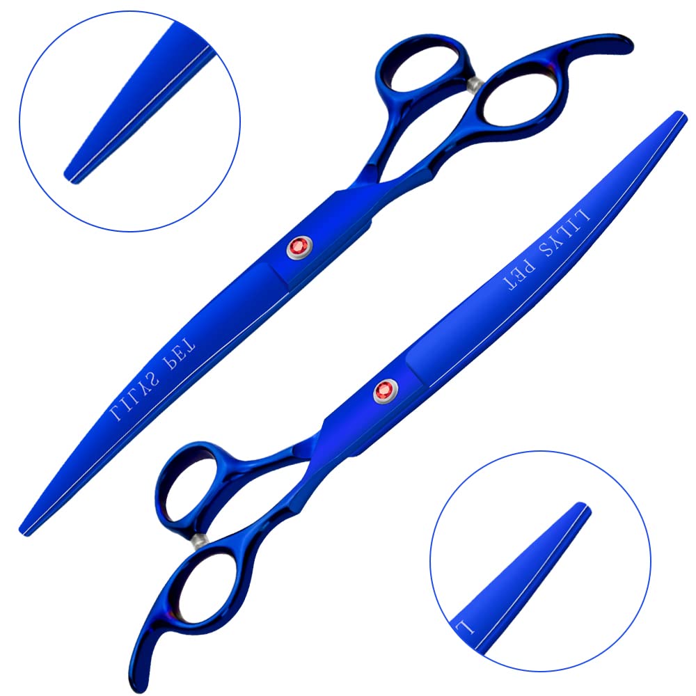 Lilys Pet Professional Pet Dog Grooming Coated Titanium Scissors Suit Cutting&Curved&Thinning Shears (7.5 Inches, Blue)…