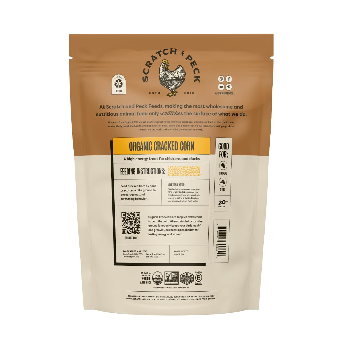 Scratch and Peck Feeds Cluckin Good Cracked Corn - 8 lbs - Carbohydrate and Protein Supplement Chicken Feed - Organic and Non-G