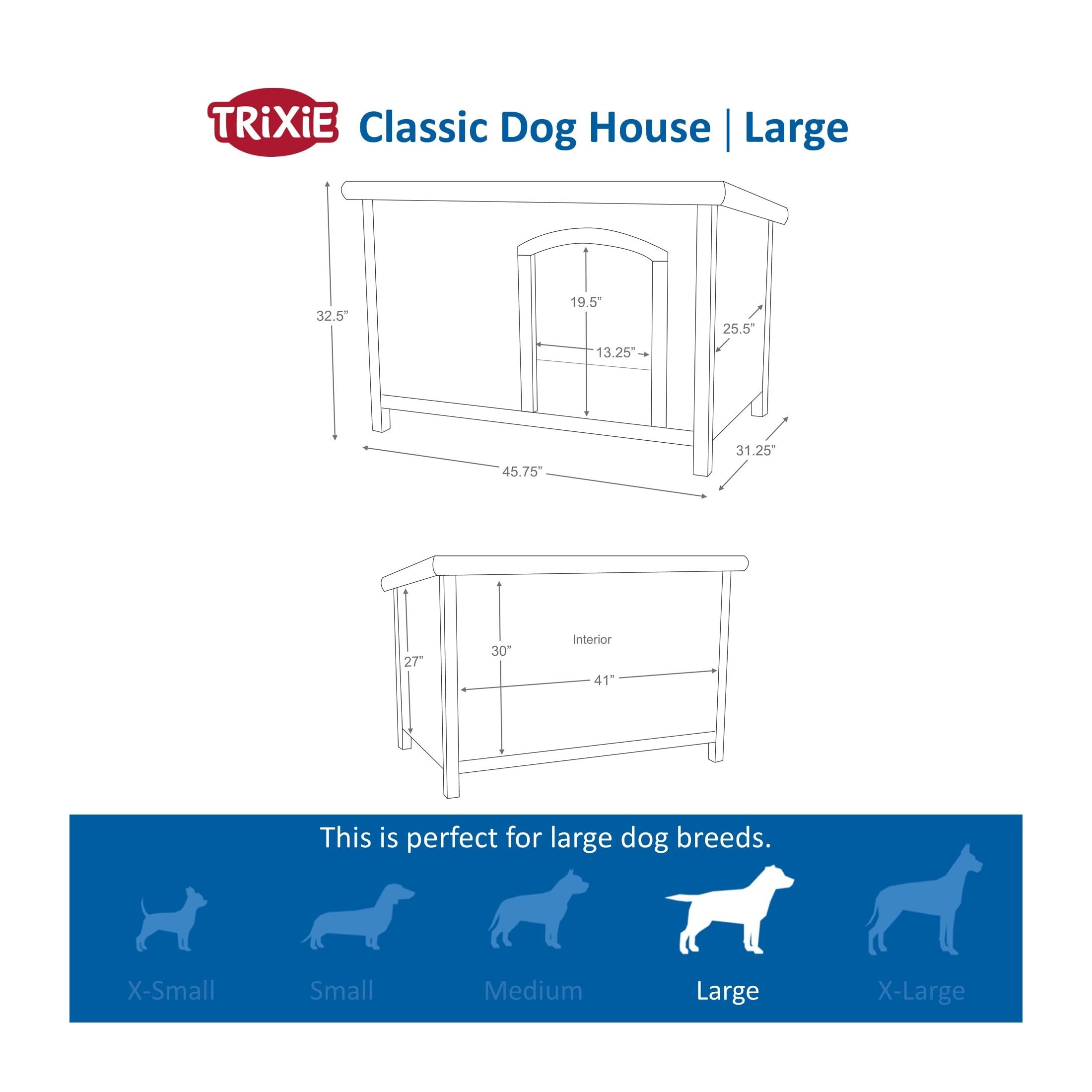 TRIXIE Natura Classic Dog House - Outside, Large, Weatherproof Sealer & Hinged Roof, Adjustable Legs