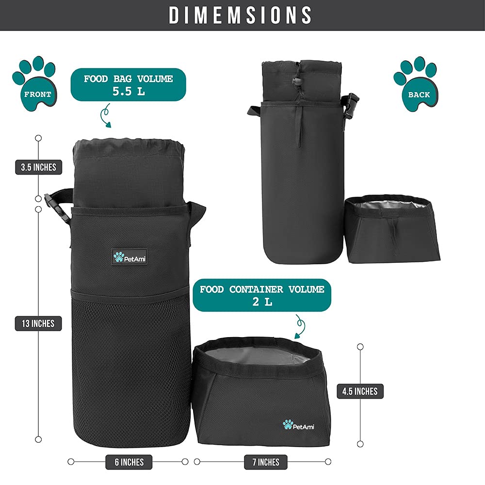 PetAmi Dog Food Travel Bag | Kibble Carrier for Dogs with Collapsible Dog Water Bowls Kit | Pet Food Travel Container Storage fo