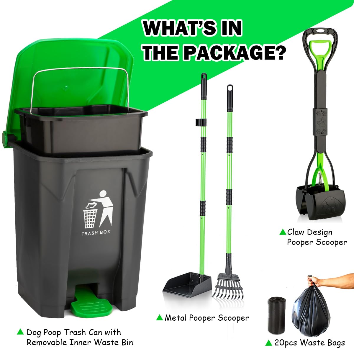 MXF Pooper Scooper Set - 28'' Dog Pooper Scooper & Long Handle Stainless Metal Tray&Rake, 15 Litre Step Dog Poop Trash Can w/Rem