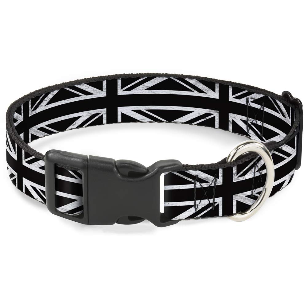 Buckle-Down Plastic Clip Collar - Union Jack Distressed Black/White - 1'' Wide - Fits 15-26'' Neck - Large