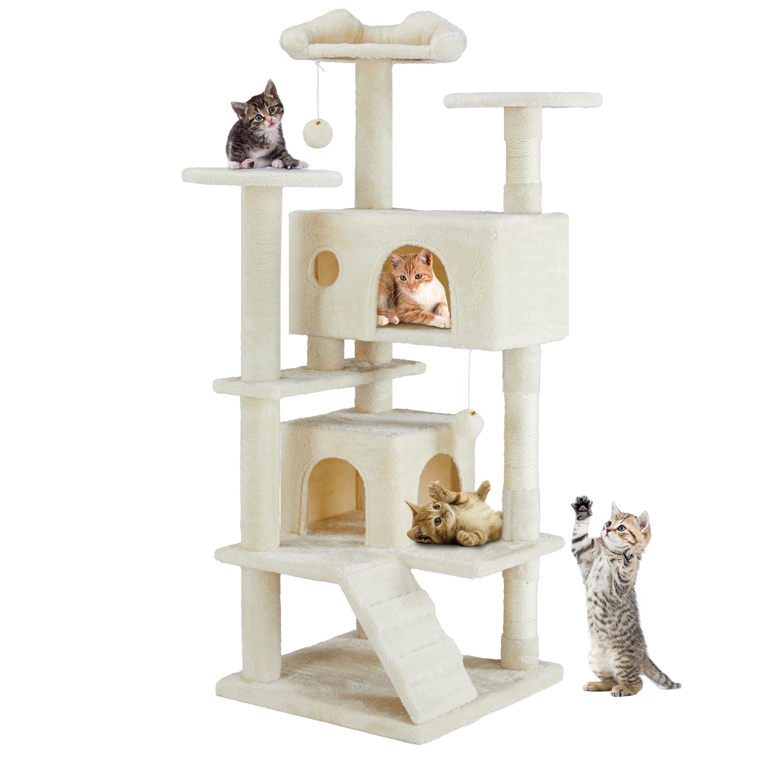 Dumos 54-Inch Indoor Cat Tree Tower -Multi-Level Pet House For Large Cats With 2 Condos, Scratching Posts, Round Platform, Small