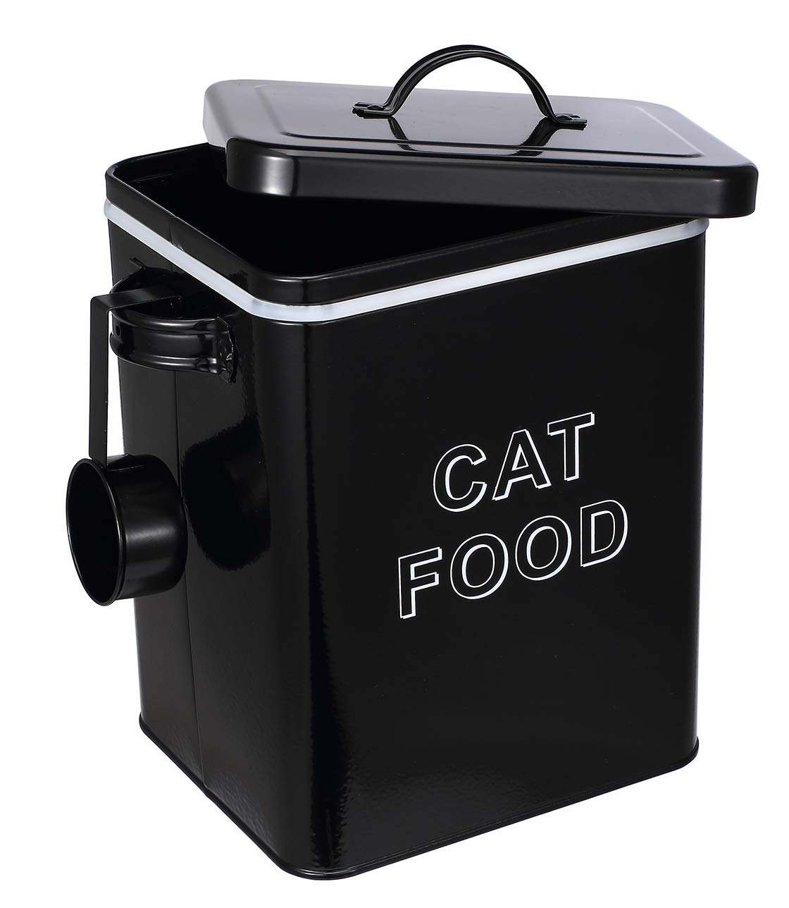 Pethiy Cat Food And Treats Containers Set With Scoop For Cats Or Dogs -Tight Fitting Wood Lids - Coated Carbon Steel - Storage Canister Tins-Cat-Black