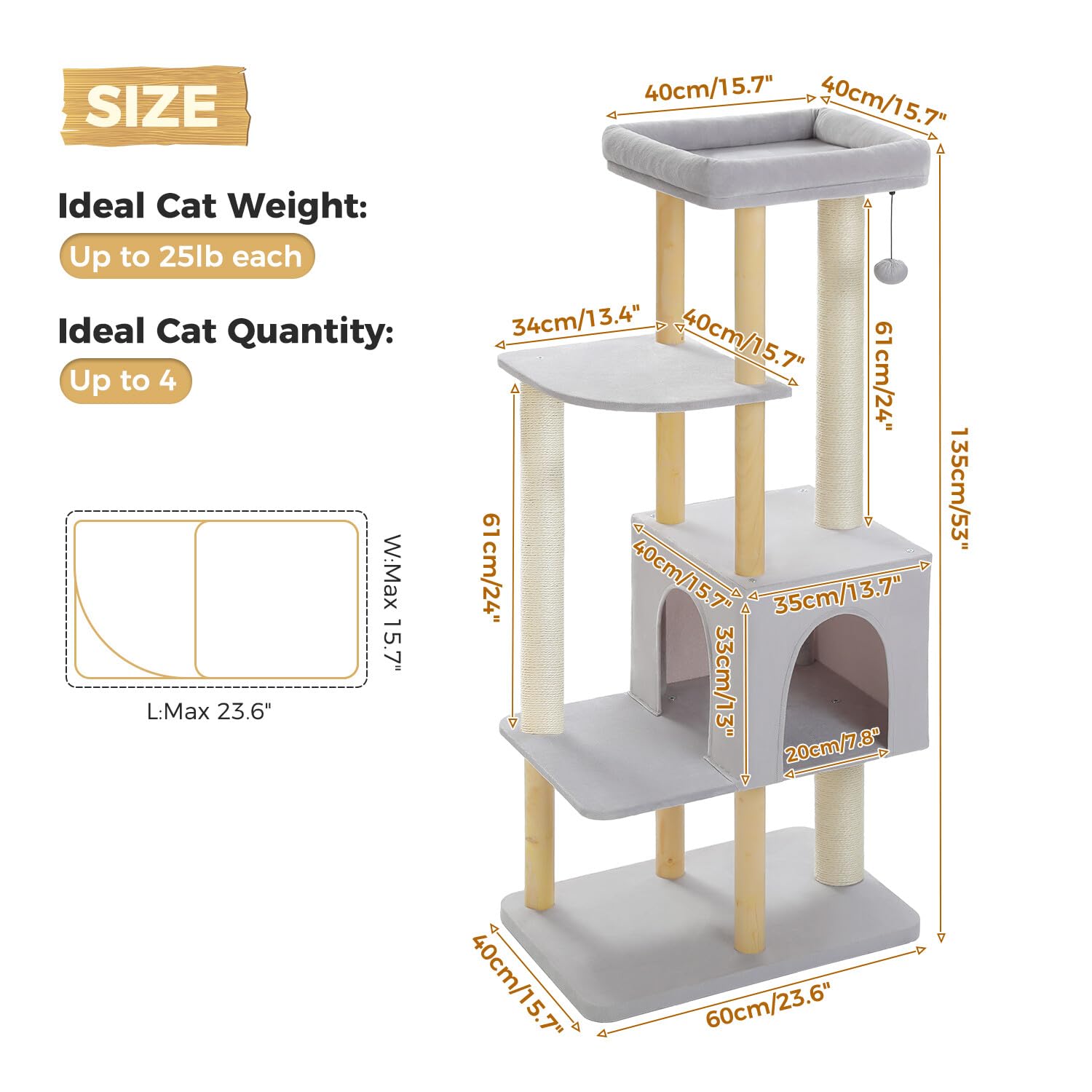 Pawz Road Large Cat Tree, 53 Inches Modern Wooden Cat Tower For Indoor Cats, Multi-Level Cat Condos With Long Scratching Posts A