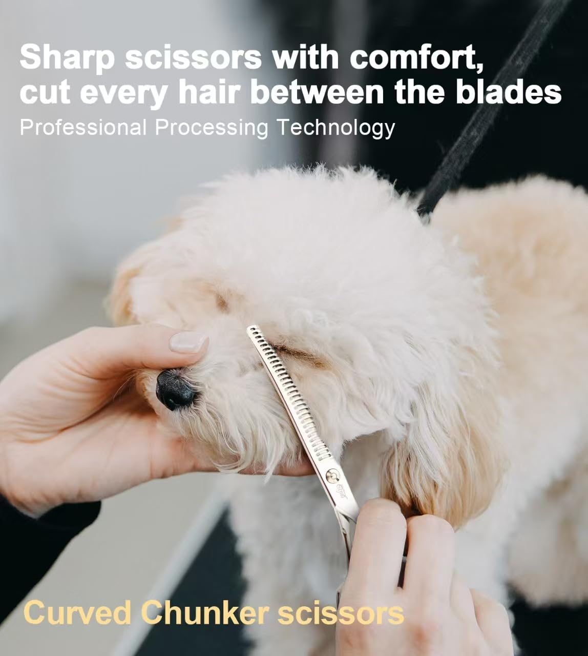 Stjuo Professional Dog Grooming Scissors, Japanese 440C Stainless Steel, 62 Hrc Hardness, Curved Chunker