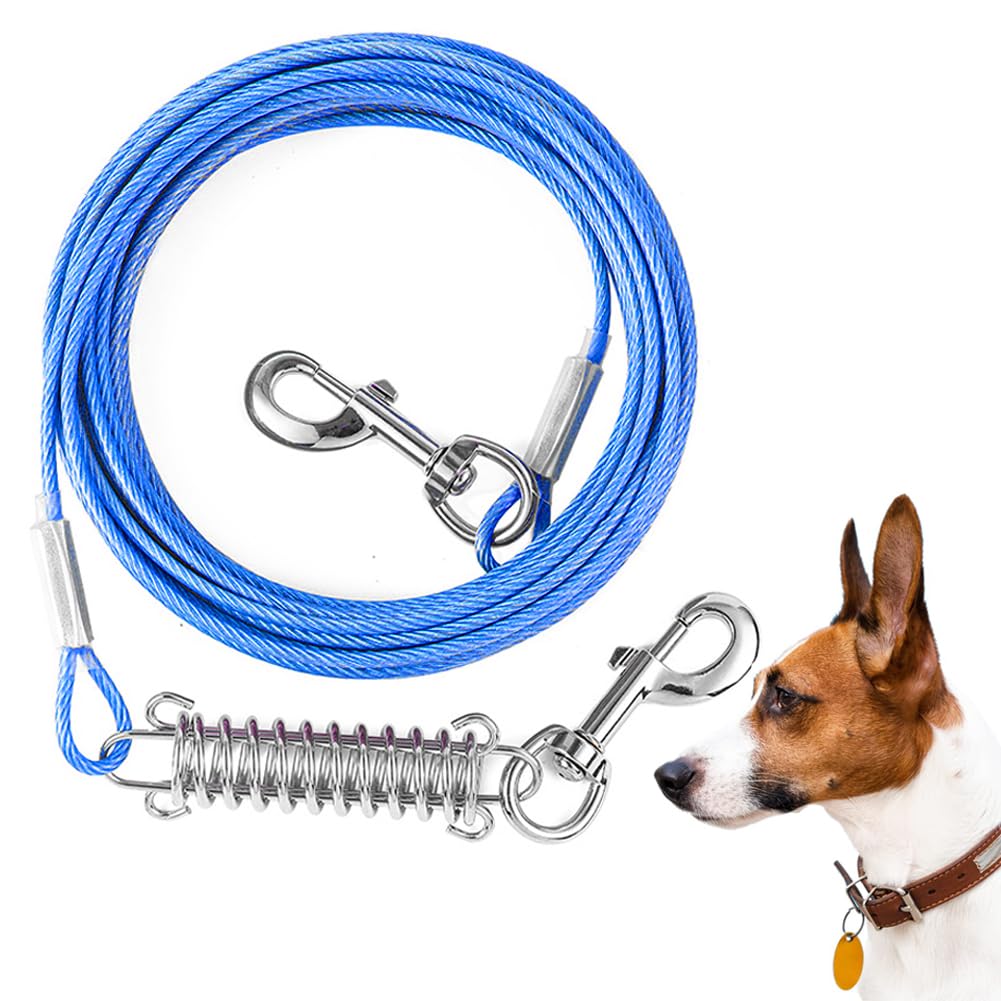 Mi Metty Dog Runner Tie Out Cable For Dogs Up To 250 Pound,Heavy Duty Leash Made Of Coated Wire Rope For Large And Medium Dogs,Cable Leashes With Soft Silicone Grip.Dog Chains【20 Feet Long-Blue】