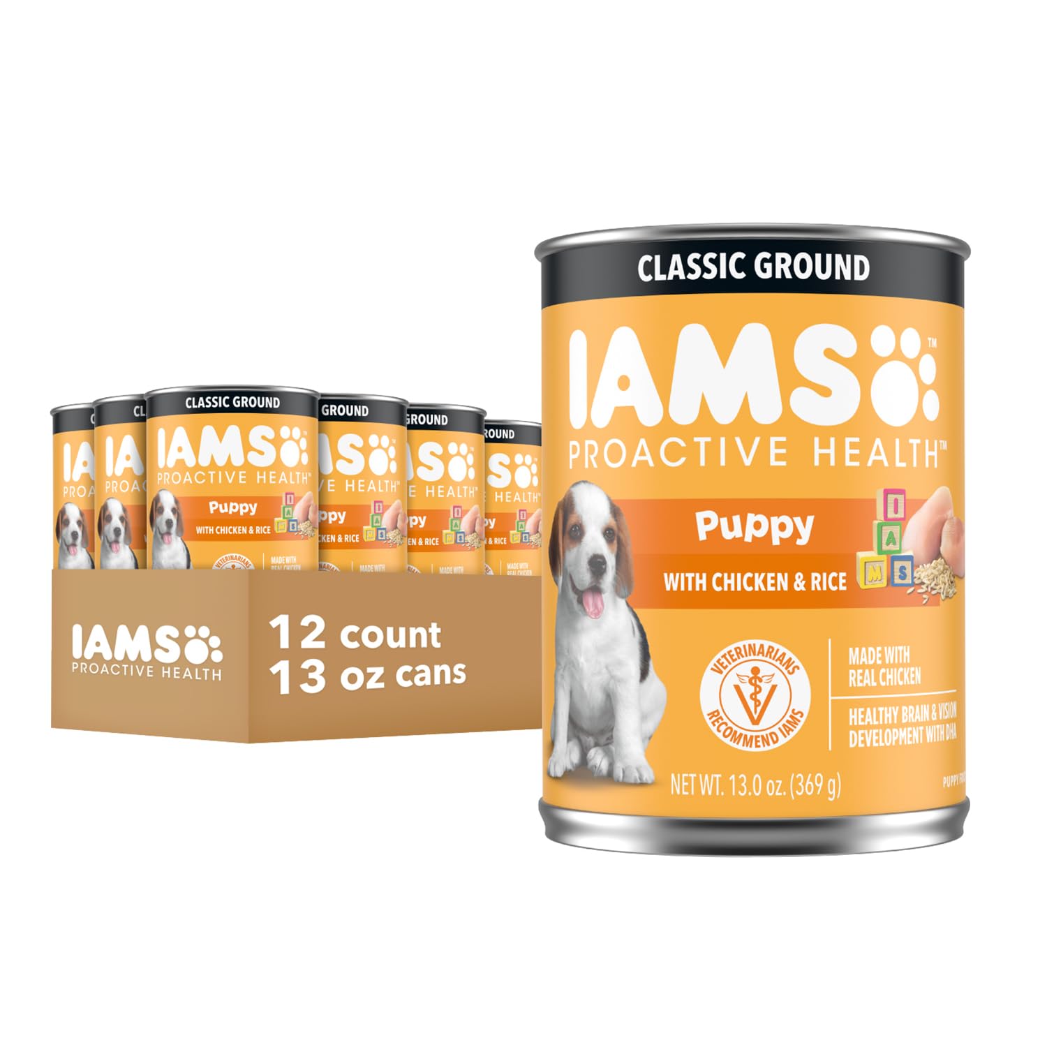 IAMS Proactive Health Puppy Wet Dog Food Classic Ground with Chicken and Rice, 13 oz. Cans, Pack of 12