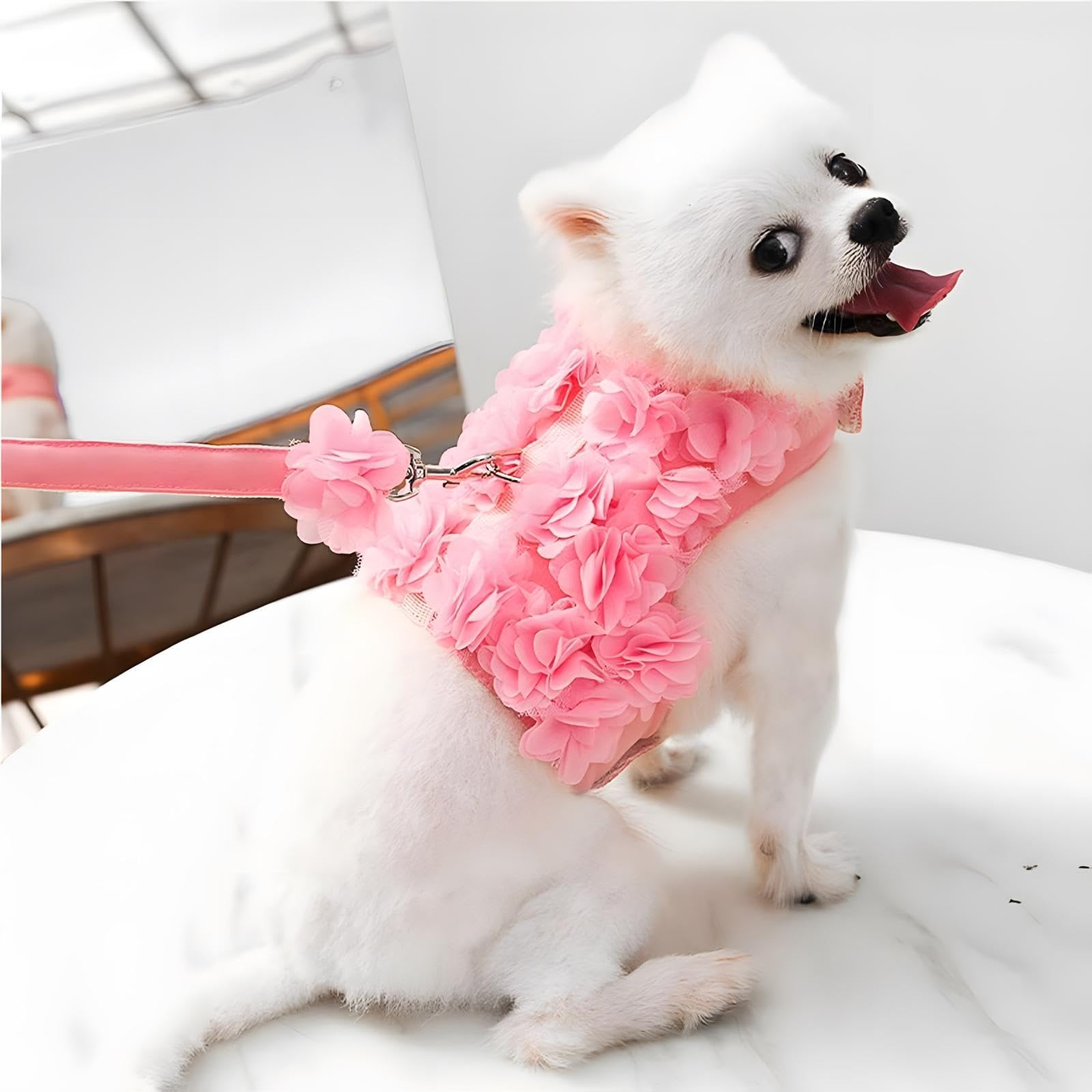 Cute Small Dog Harness - Escape-Proof Flower Dog Harness with Leash Set, Soft Mesh Small Puppy Vest Harness for Cats Dogs, Pink