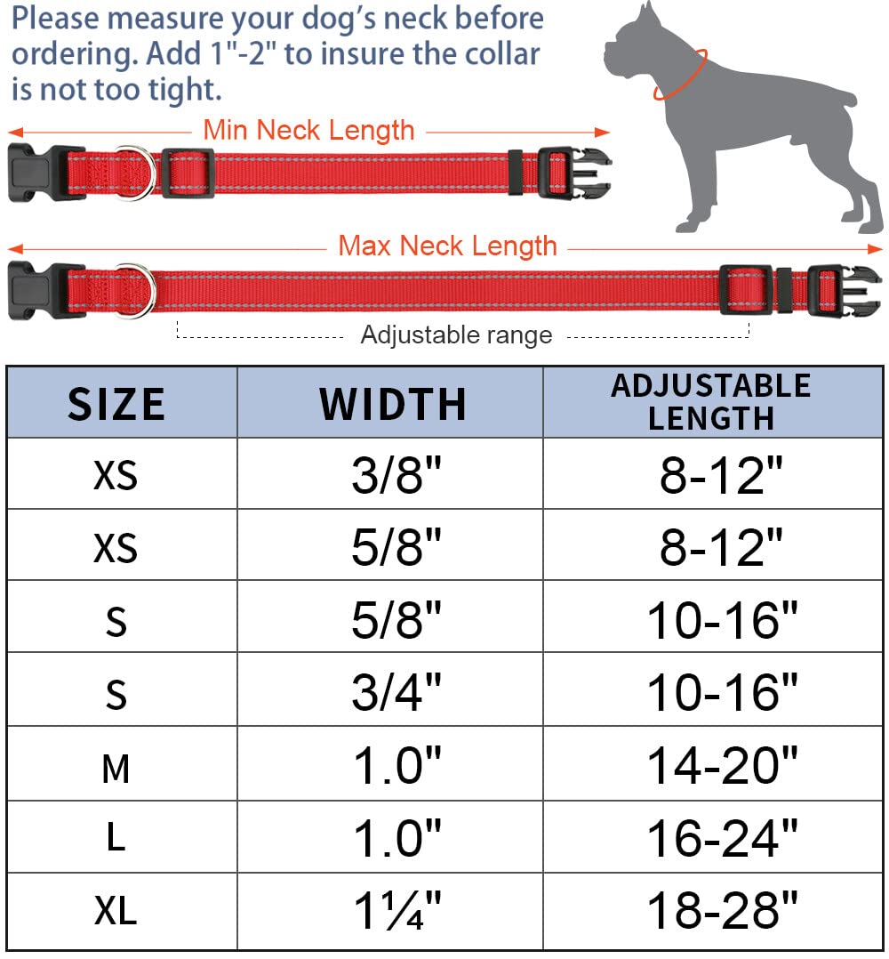Taglory Reflective Adjustable Dog Collars For Puppy Small Medium Large Dogs, Thin Nylon Webbing And Quick Release Plastic Buckle(Red Medium)