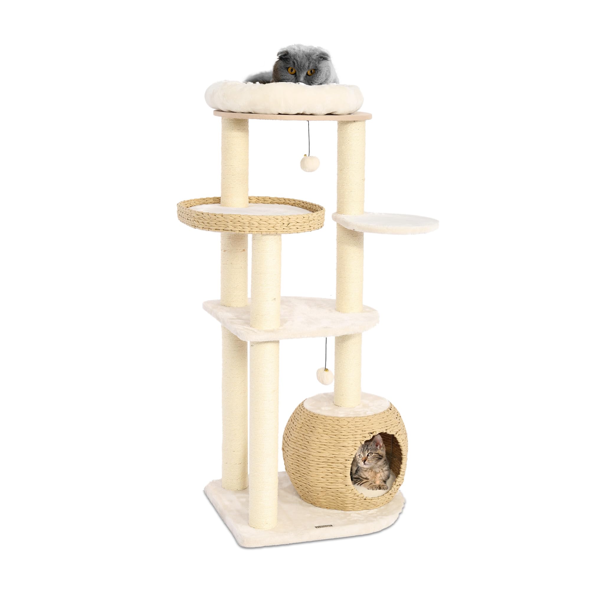 Kamaboko Modern Cat Tree, 53' Cat Tower For Indoor Cats Natural Sisal Scratching Posts, Hand-Woven Condo & Top Perch, Cat Tree 