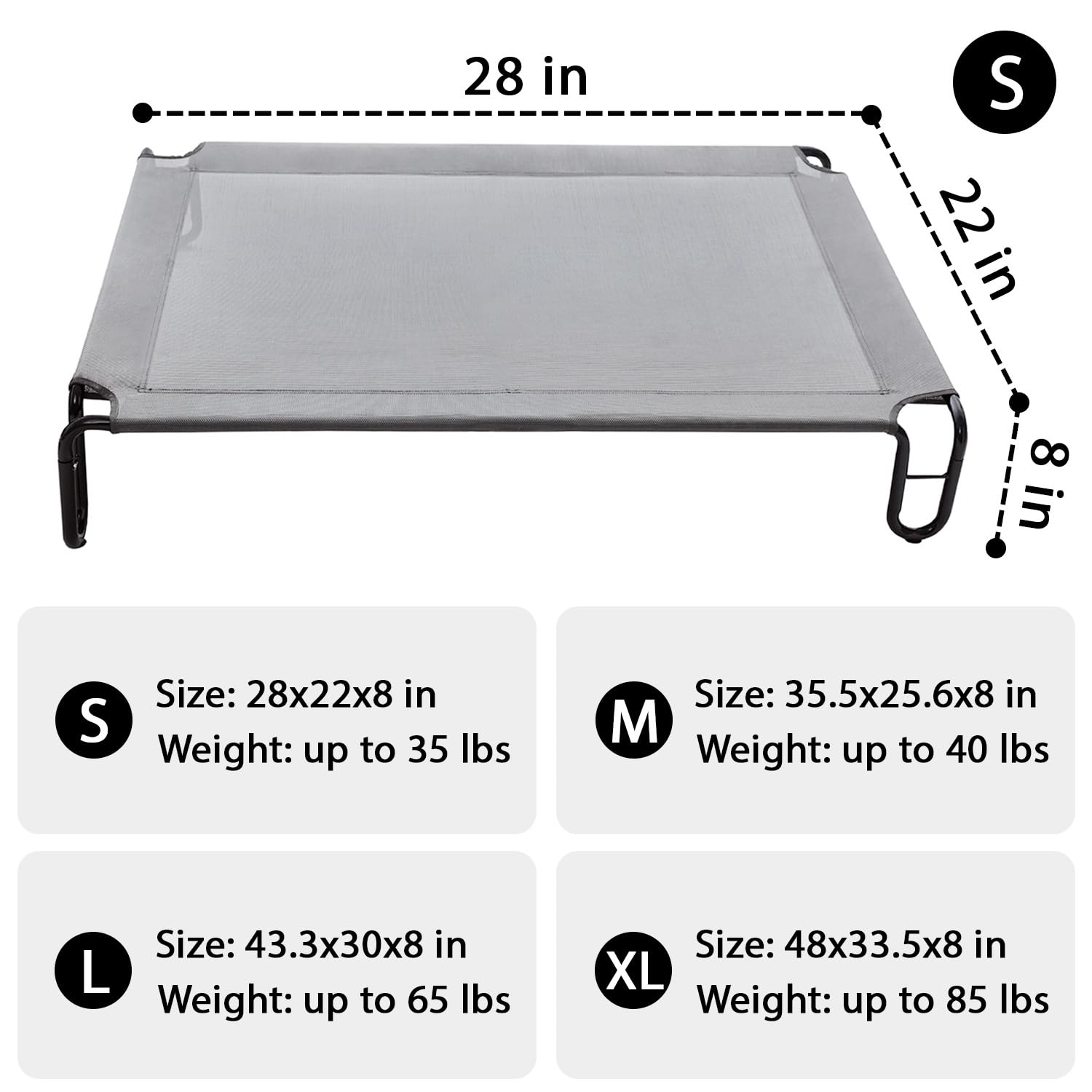 Pettycare Elevated Outdoor Dog Bed - Dog Cots Beds For Small Dogs, Waterproof Raised Dog Bed Easy To Assemble, Cooling Elevated Dog Bed With Teslin Mesh, Durable, Non Slip, Up To 35 Lbs,Grey