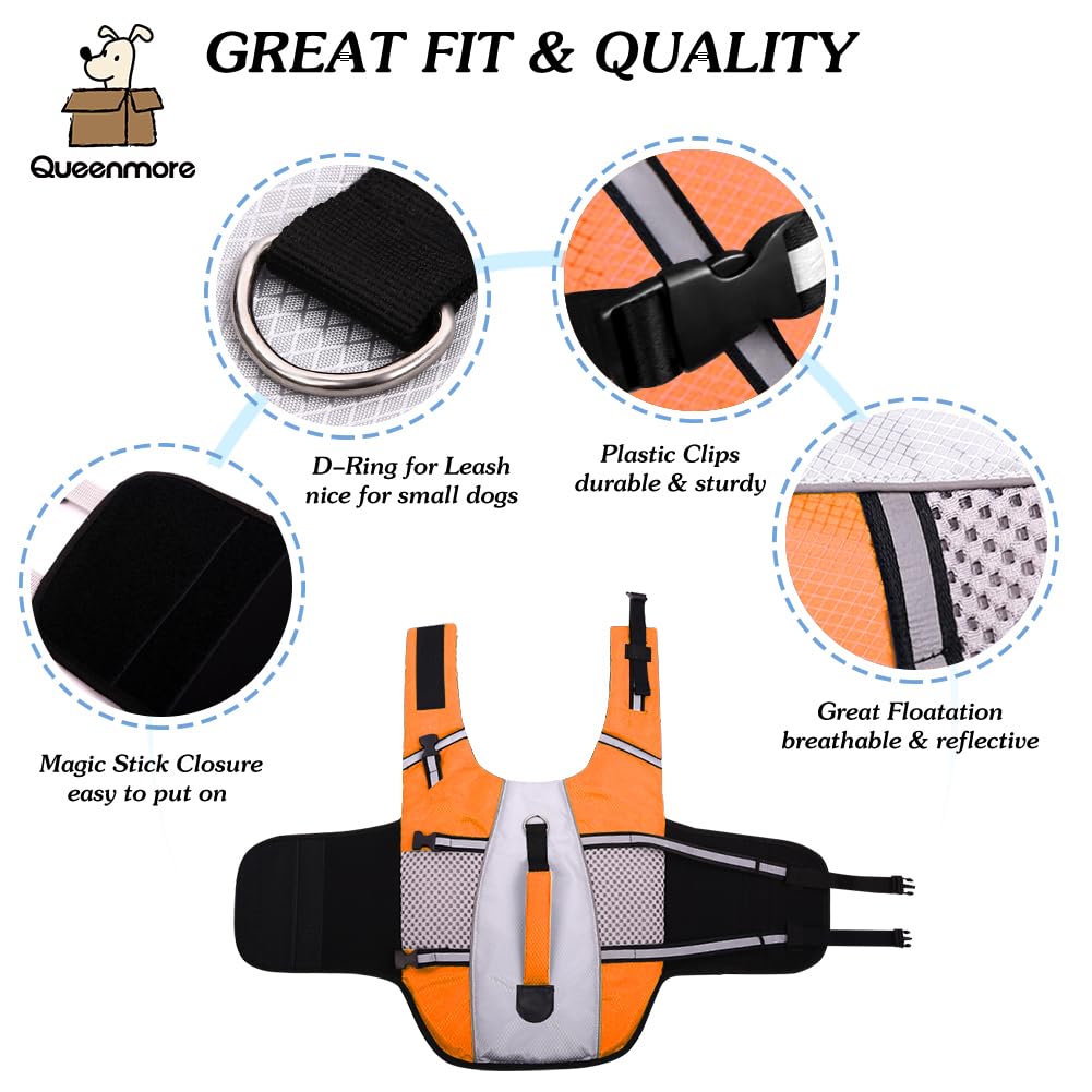 Dog Life Jacket Swimming Vest Lightweight High Reflective Pet Lifesaver With Lift Handle, Leash Ring Orange,M